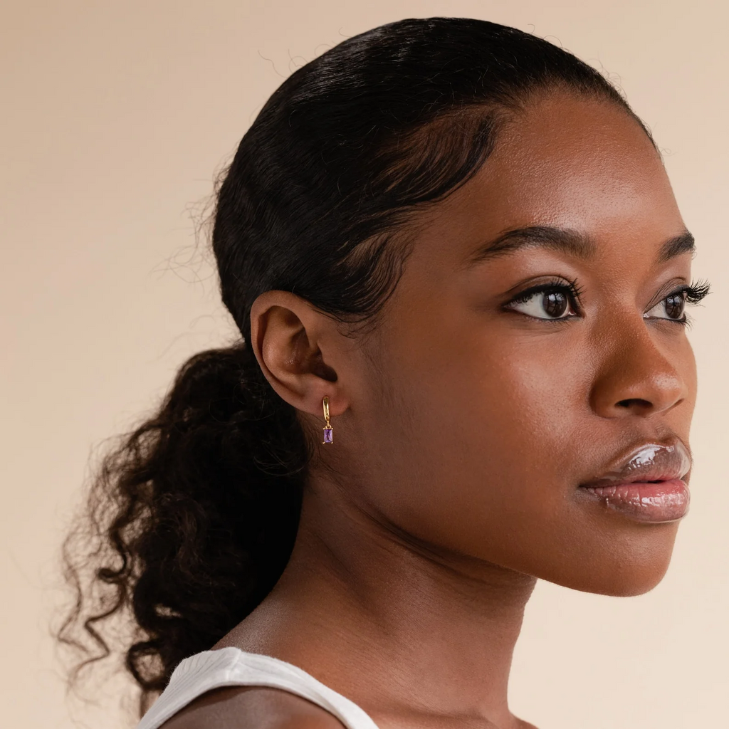 Birthstone Baguette Huggies: 18K Gold Plated