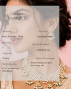 Pearl jewelry set with necklace and earrings on a model, labeled with product details.