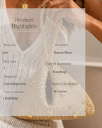 Woven handbag held by a person with product details overlay.