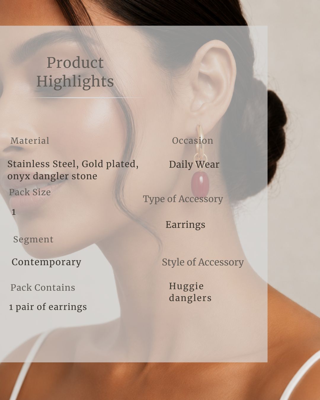 Earring on a model with product details overlay