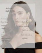 Woman wearing butterfly earrings with product details overlay
