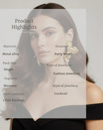 Woman wearing butterfly earrings with product details overlay
