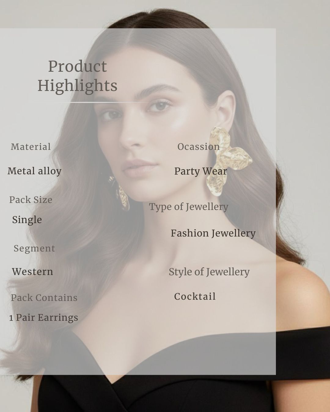 Woman wearing butterfly earrings with product details overlay