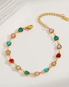 Gold bracelet with colorful heart-shaped gemstones anti tarnish demi fine jewelry