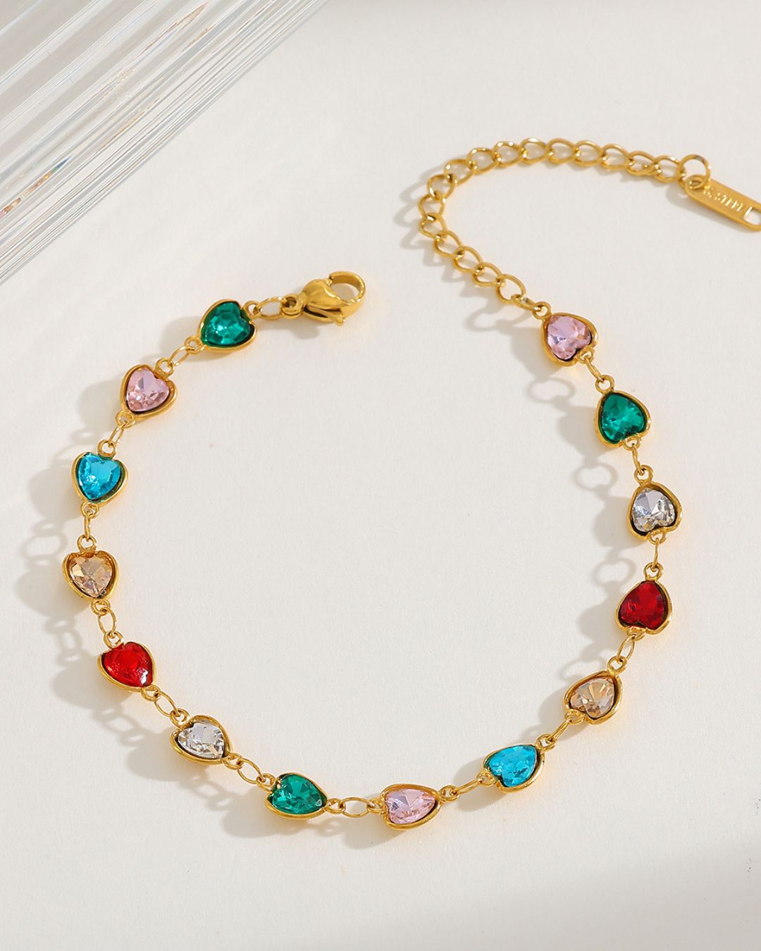 Gold bracelet with colorful heart-shaped gemstones anti tarnish demi fine jewelry