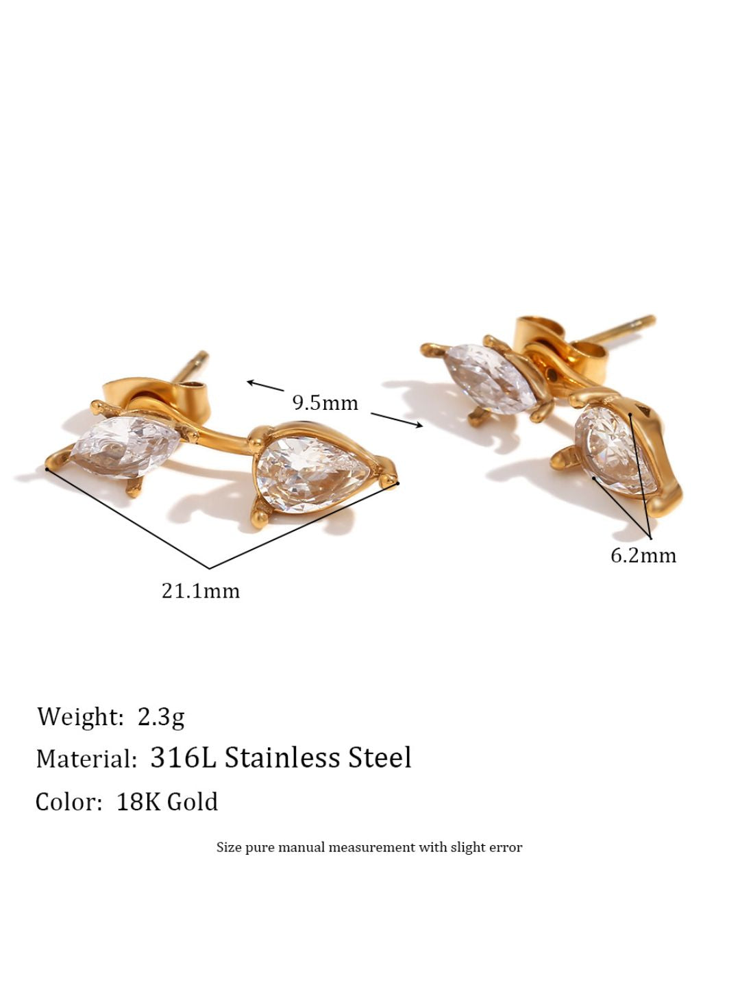 size chart for 2 in 1 stud drop earrings