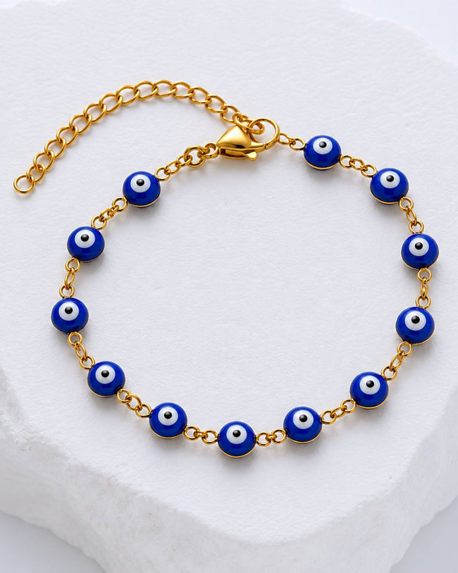 Blue Nazar Evil Eye Bracelet with 18K gold plated chain and protective evil eye charms Hover Image
