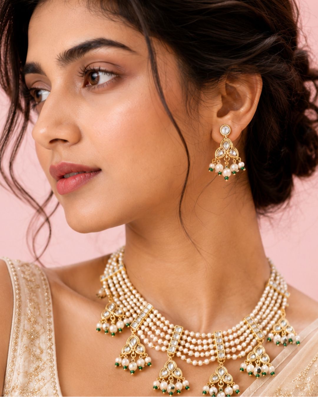 Traditional pearl choker necklace set featuring kundan-inspired detailing