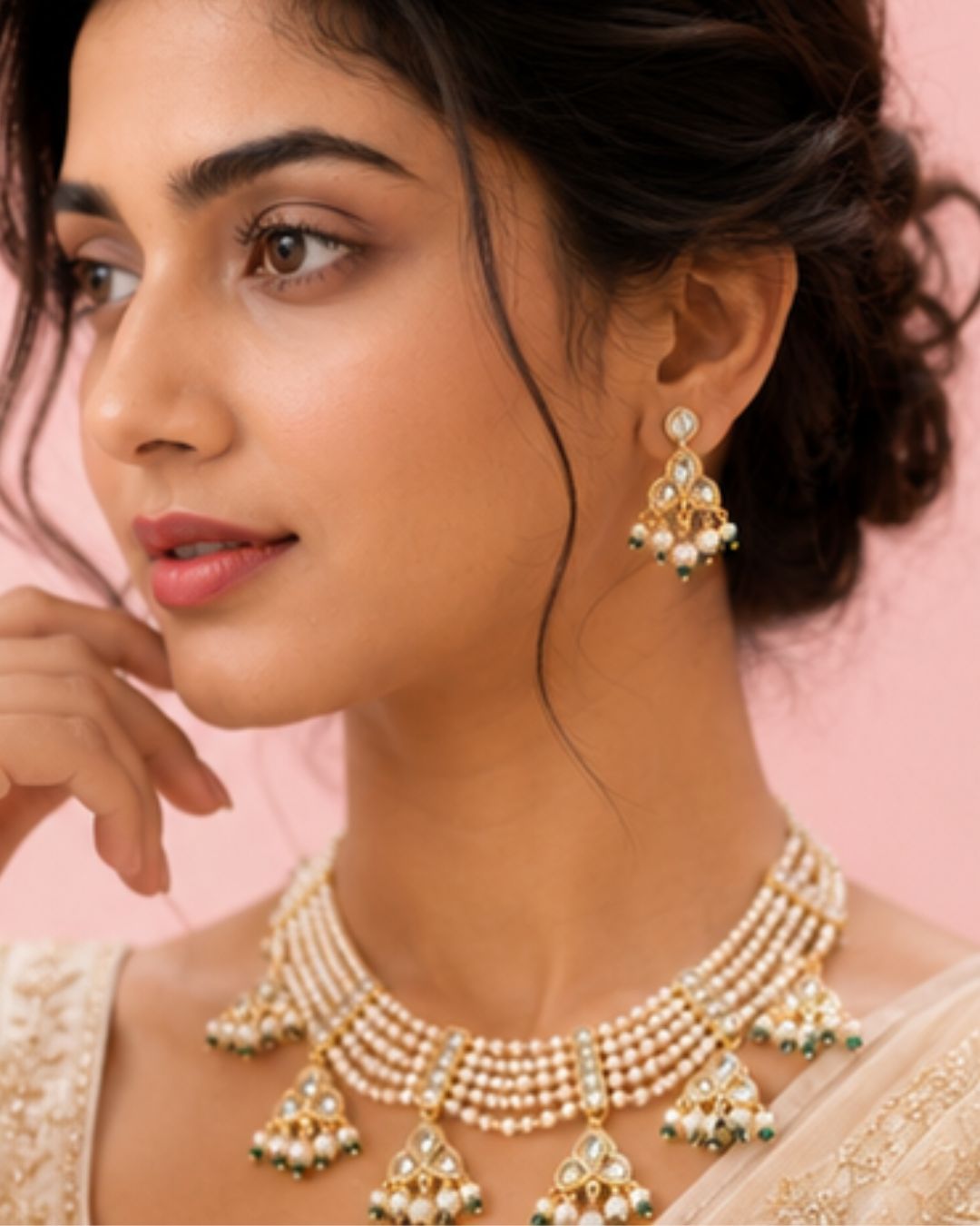 Bridal pearl choker jewellery set with elegant pearl cluster drops