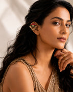 lotus kundan ear cuff styled on saree