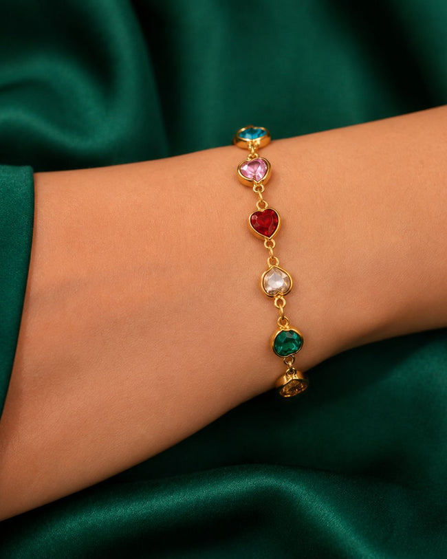 Candy Hearts Charm Bracelet | 18K Gold Plated Multicolor Crystal Heart Bracelet Main Image