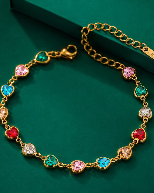 Candy Hearts Charm Bracelet with multicolor crystal heart charms and 18K gold plated chain Hover Image