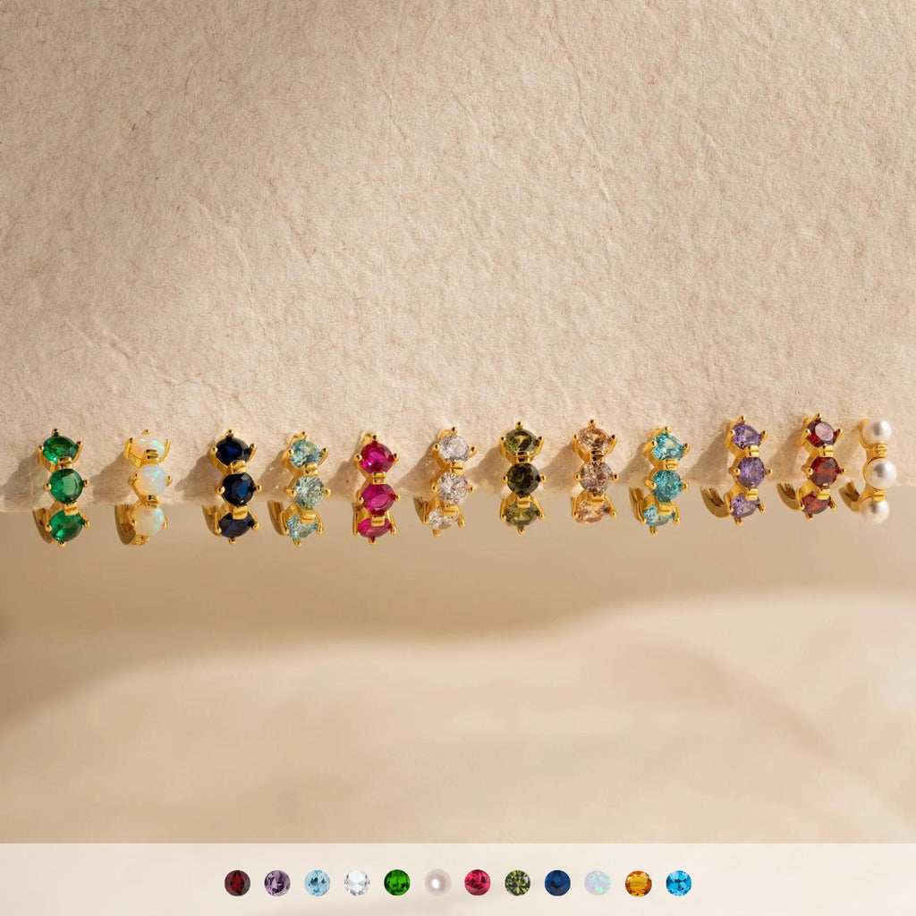 Birthstone Triple Stone Huggies: 18K Gold Plated