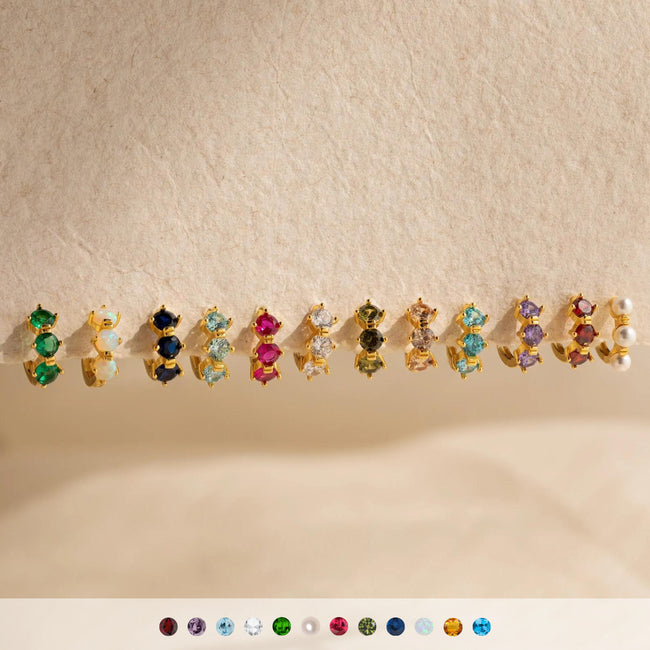 Birthstone Triple Stone Huggies: 18K Gold Plated Hover Image