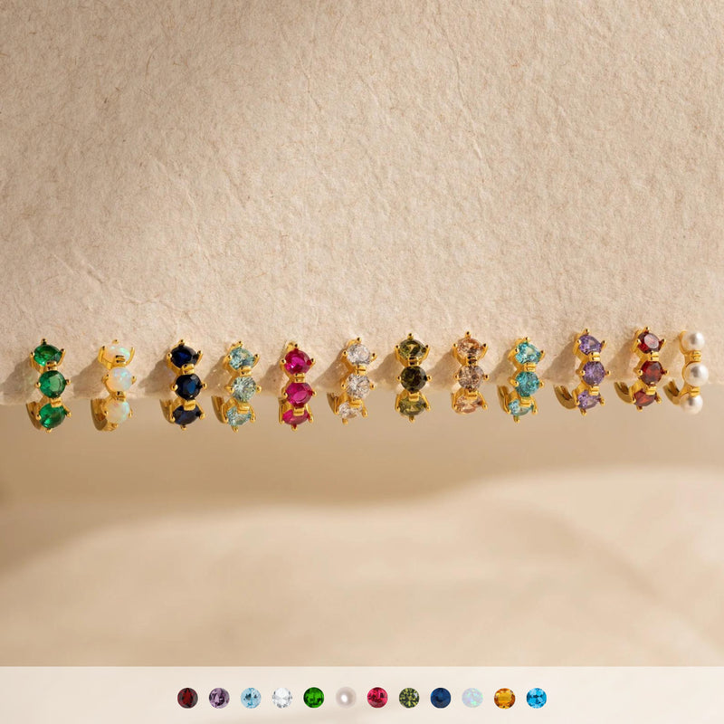 Birthstone Triple Stone Huggies: 18K Gold Plated