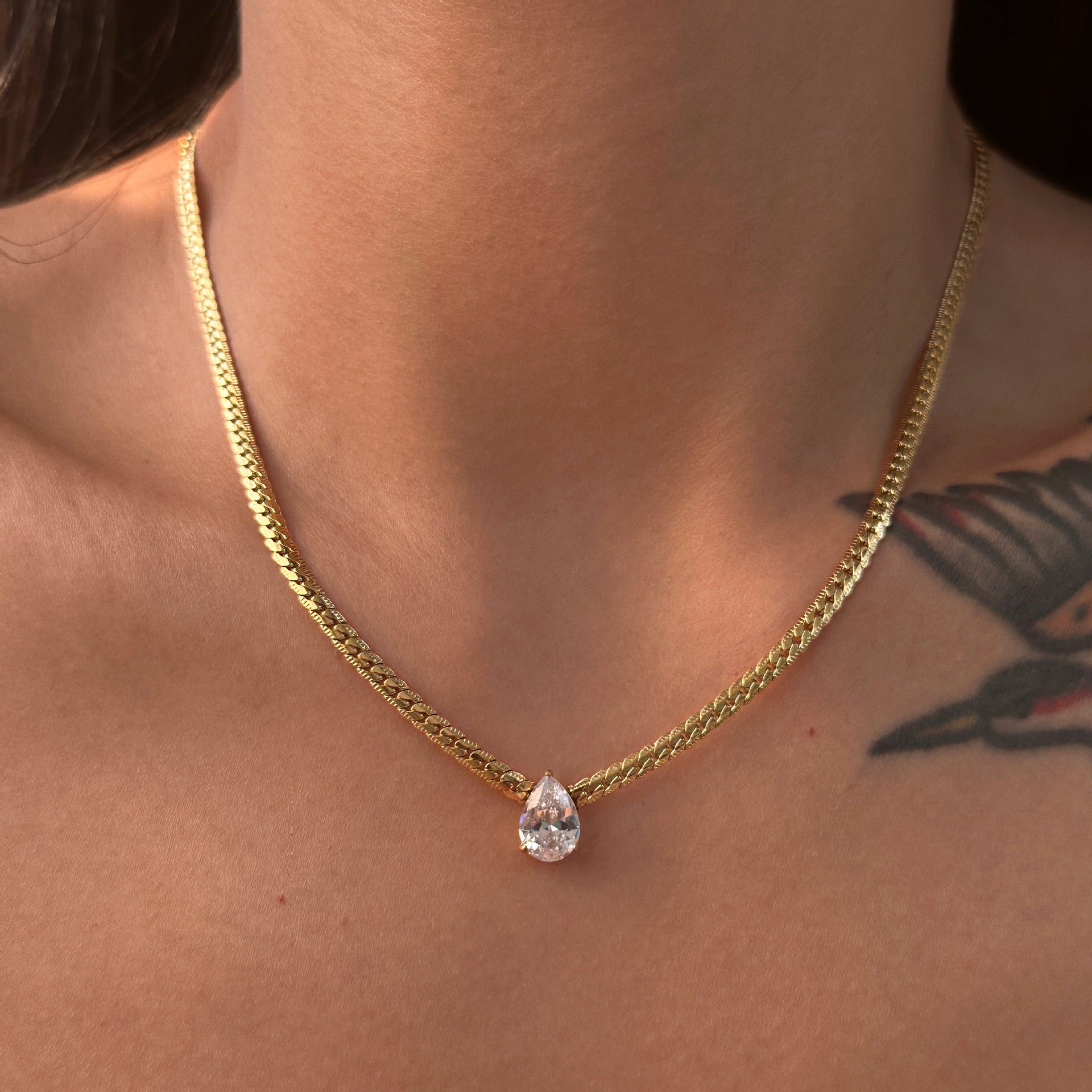 Solitaire Grace Necklace | Pear Solitaire Pendant Snake Chain | Anti-Tarnish Gold Plated
