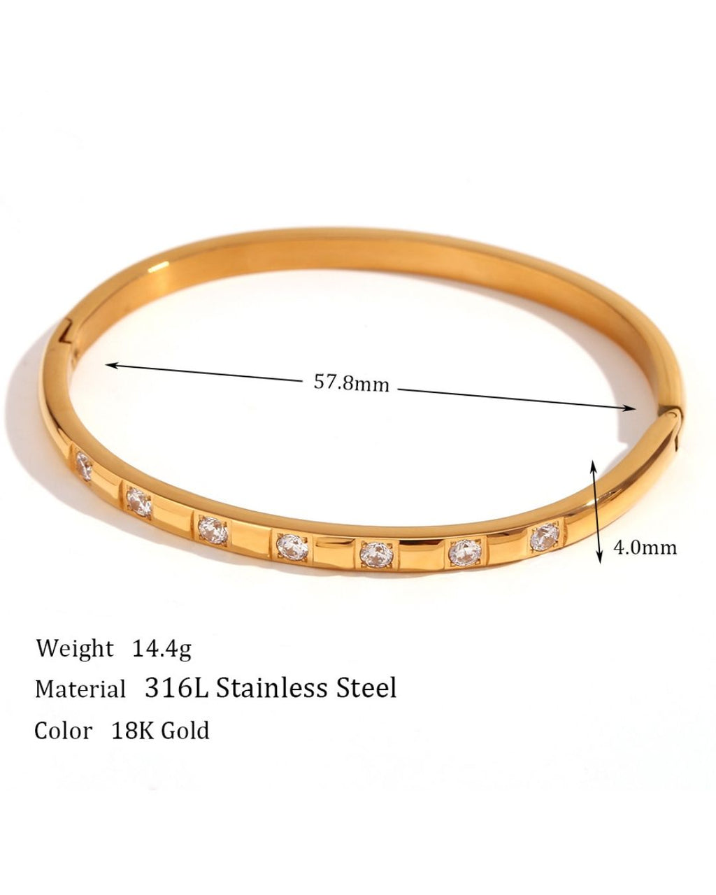 Gold bracelet with measurements and material details on a white background