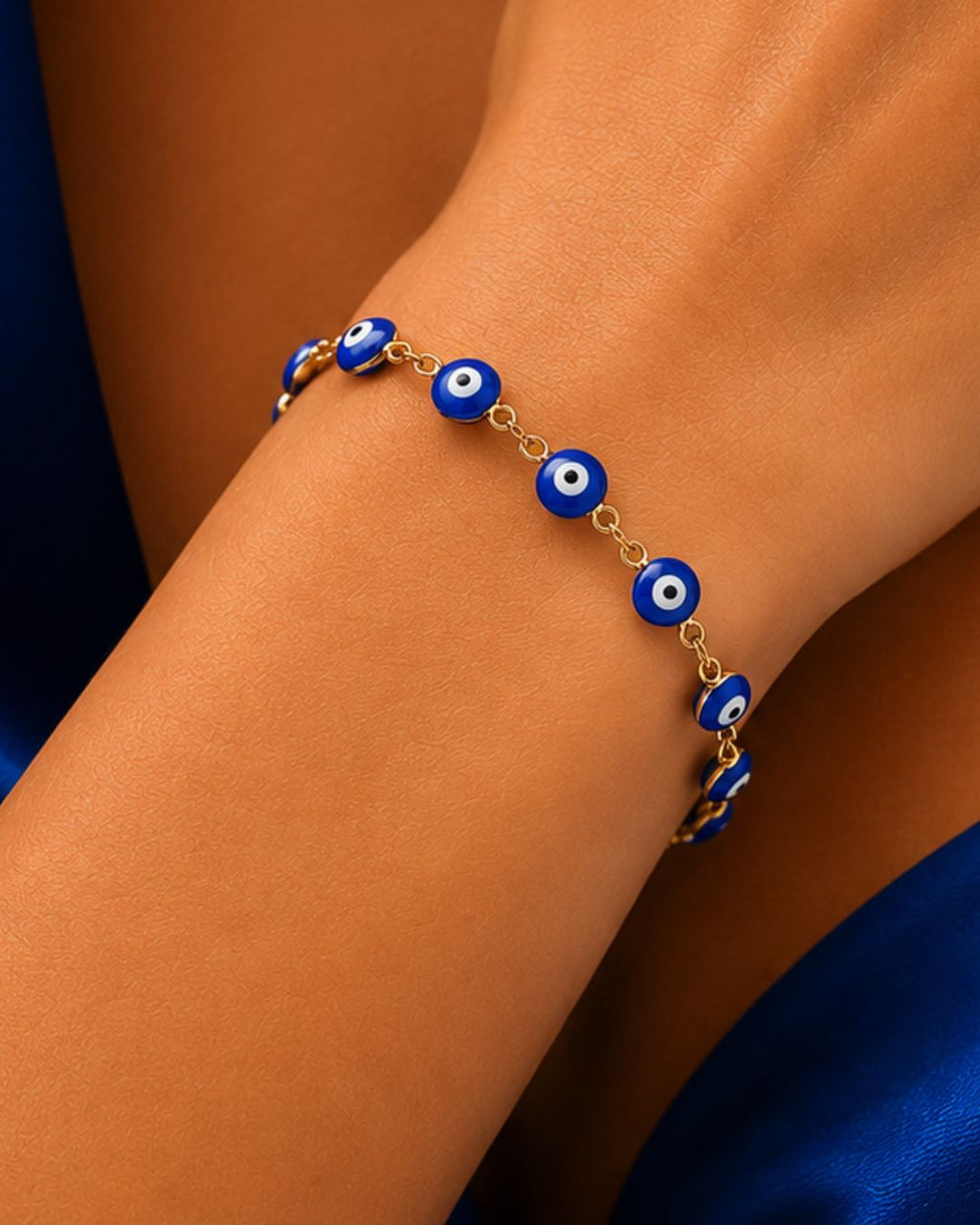 Close-up of Blue Nazar Evil Eye Bracelet featuring vibrant blue protective charms
