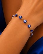 Close-up of Blue Nazar Evil Eye Bracelet featuring vibrant blue protective charms