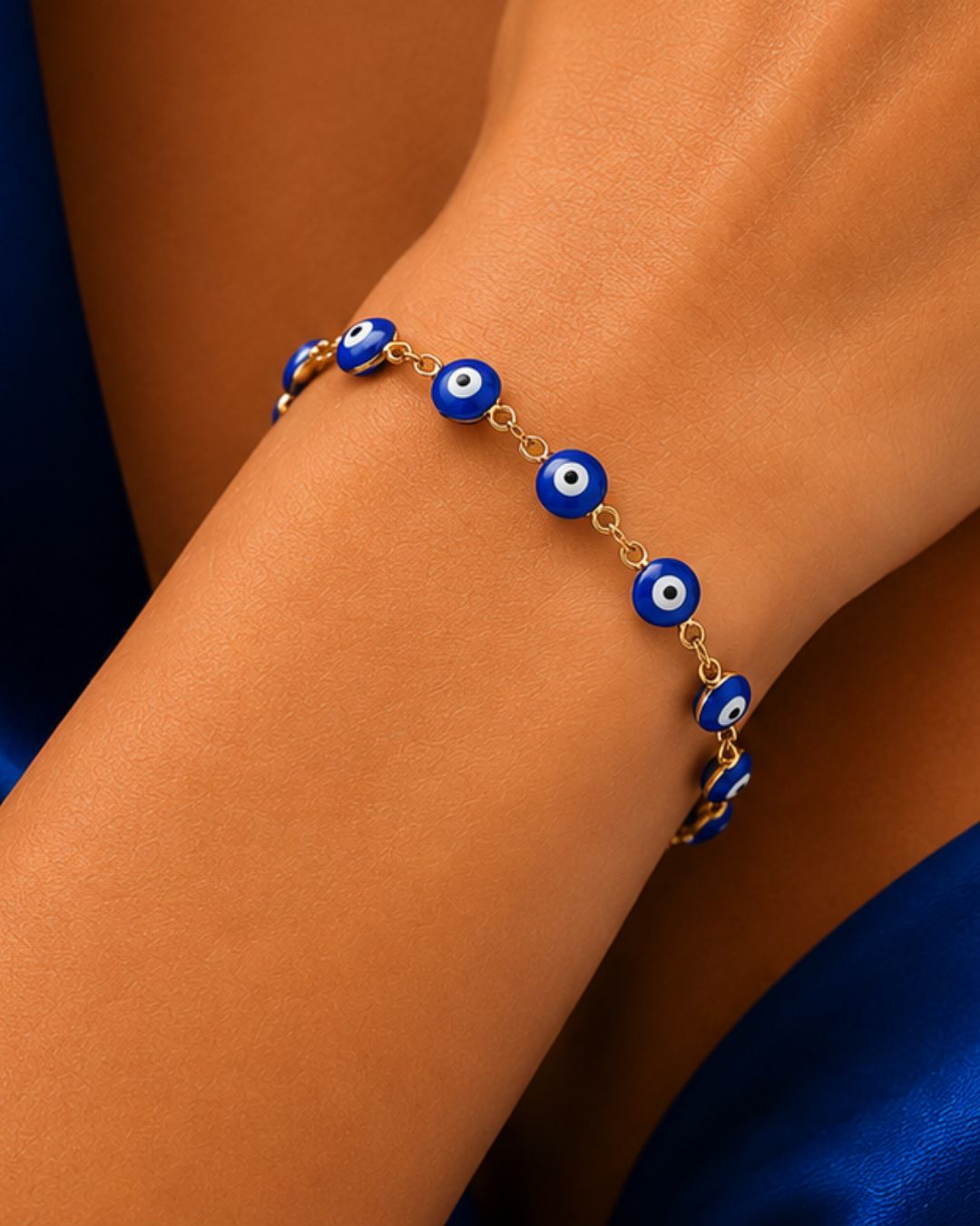 Close-up of Blue Nazar Evil Eye Bracelet featuring vibrant blue protective charms