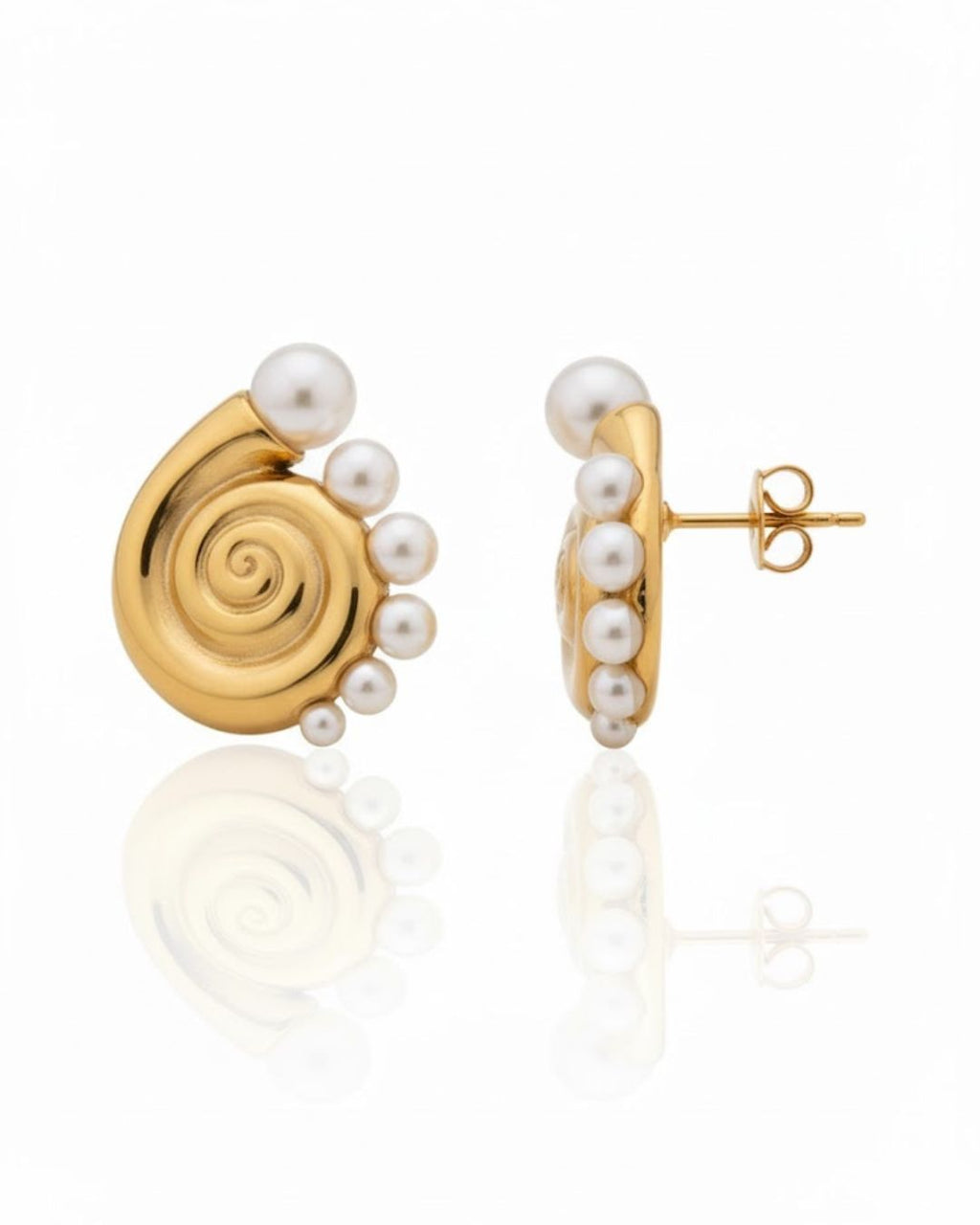 Close-up of Conch Pearl Statement Earrings featuring elegant pearl detailing and sculptural design
