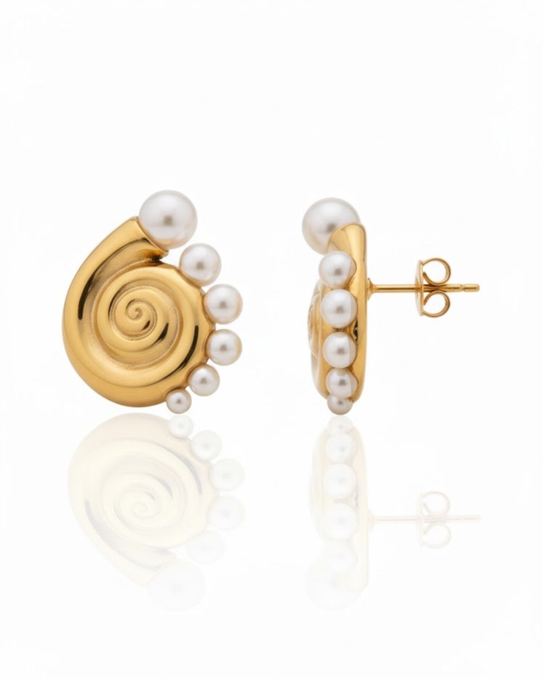Close-up of Conch Pearl Statement Earrings featuring elegant pearl detailing and sculptural design