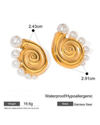 Gold spiral earrings with pearls, showing measurements and material details on a white background.
