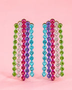 Detailed view of Candy Cascade Crystal Earrings with vibrant rainbow crystal waterfall design