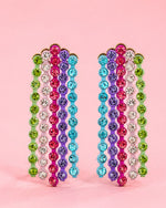 Detailed view of Candy Cascade Crystal Earrings with vibrant rainbow crystal waterfall design