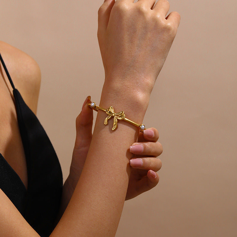 Premium Pearl Cuff Bracelet | Flower & Bow Stainless Steel 18K Gold Plated Bracelet for Women