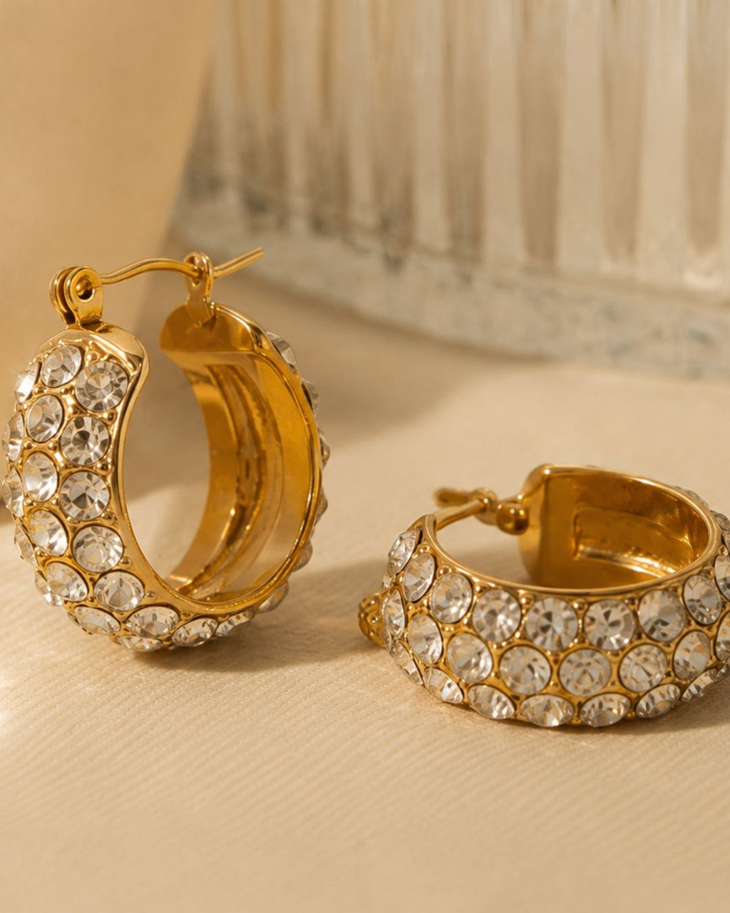 Detailed view of anti-tarnish White Rhinestone Diamond Hoop Earrings crafted in stainless steel