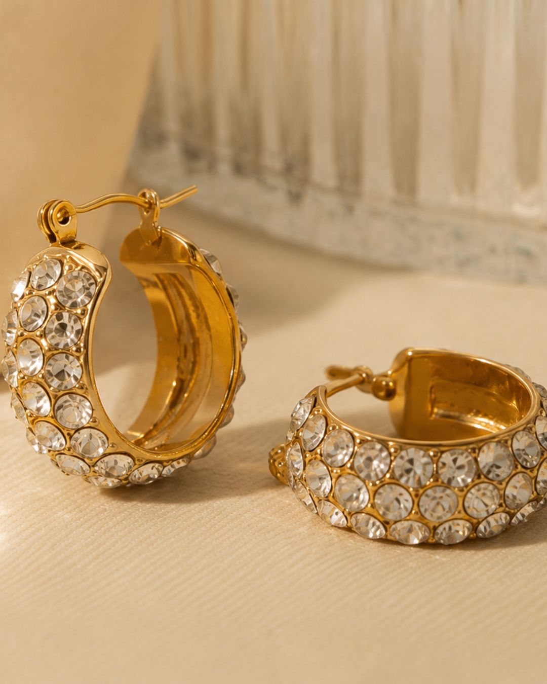 Detailed view of anti-tarnish White Rhinestone Diamond Hoop Earrings crafted in stainless steel