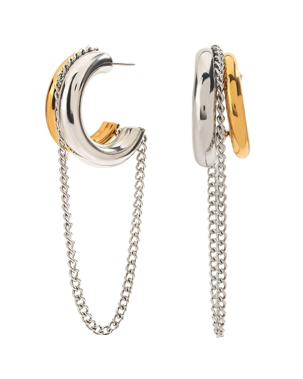 Close-up of Dual Tone Chain Drop Stud Earrings featuring elegant mixed metal detailing