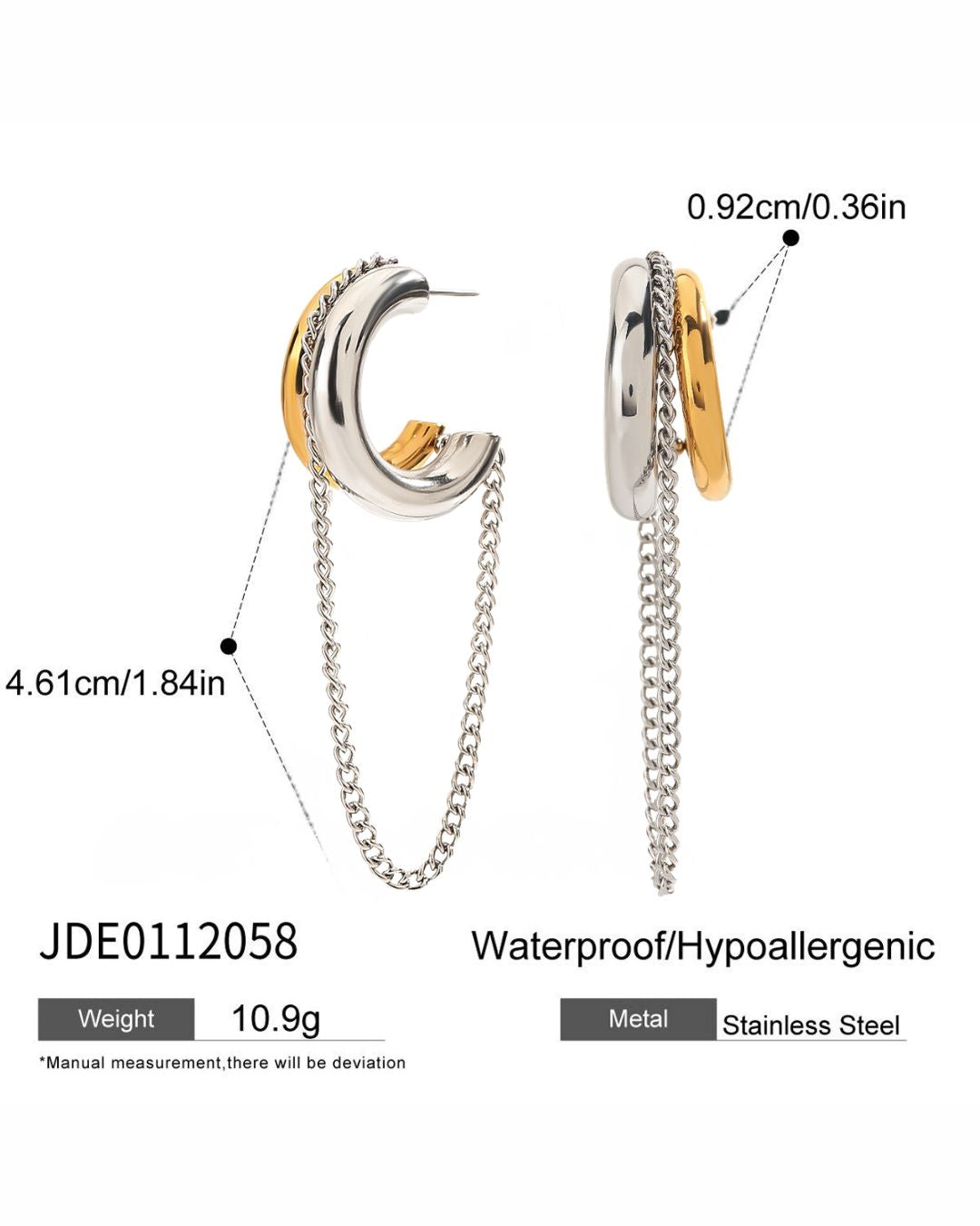 Detailed view of Dual Tone Chain Drop Stud Earrings crafted in stainless steel with anti-tarnish finish
