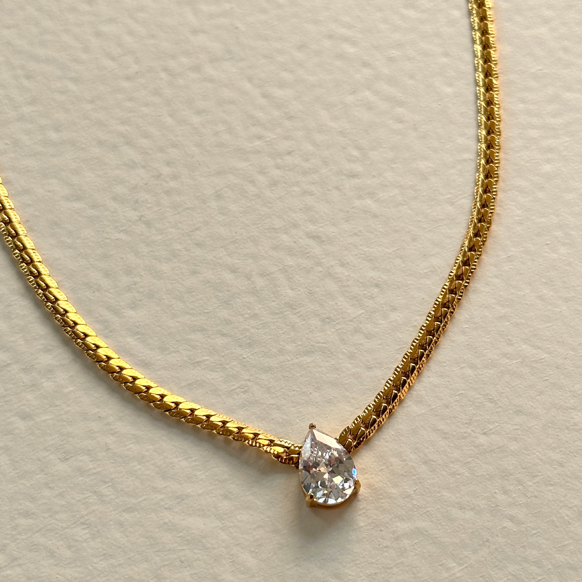 Solitaire Grace Necklace | Pear Solitaire Pendant Snake Chain | Anti-Tarnish Gold Plated
