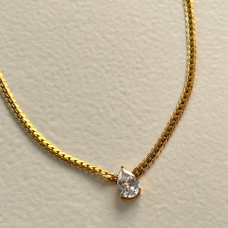 Solitaire Grace Necklace | Pear Solitaire Pendant Snake Chain | Anti-Tarnish Gold Plated