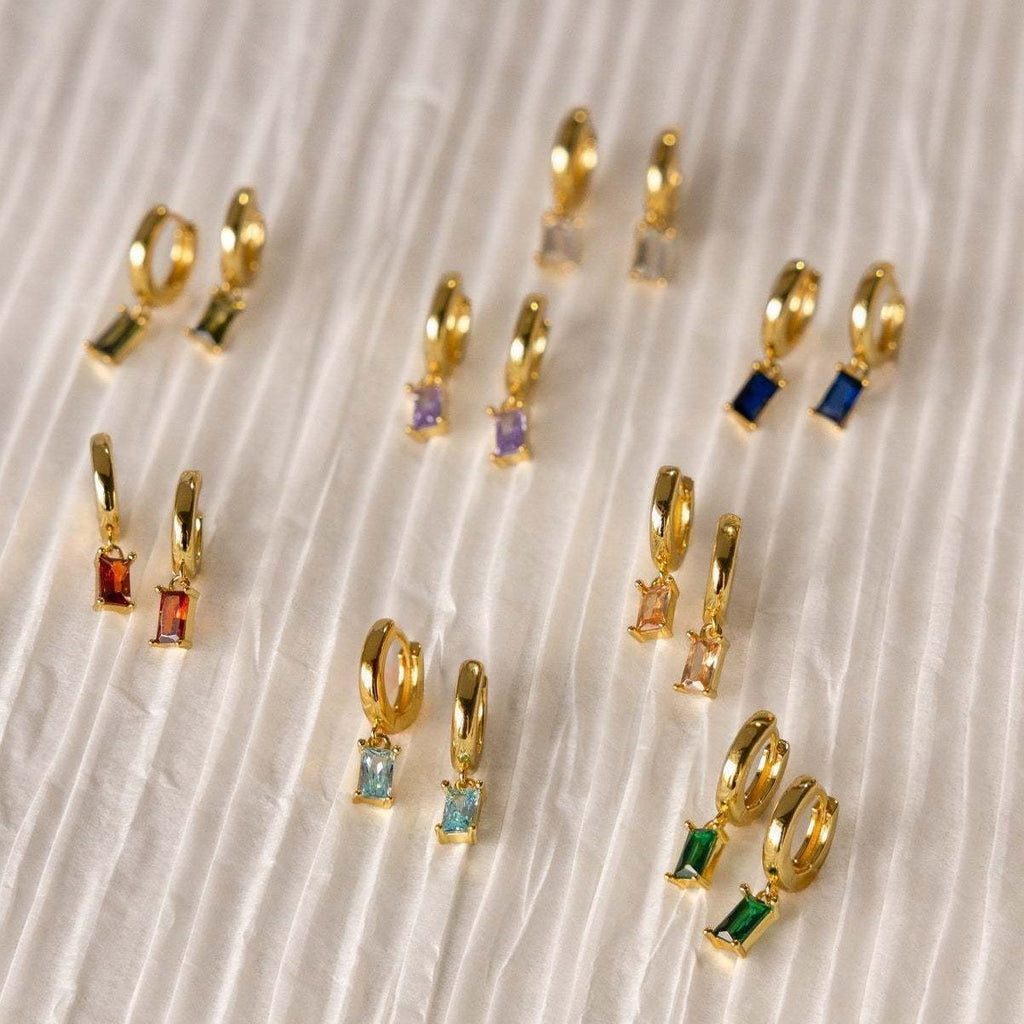 Birthstone Baguette Huggies: 18K Gold Plated
