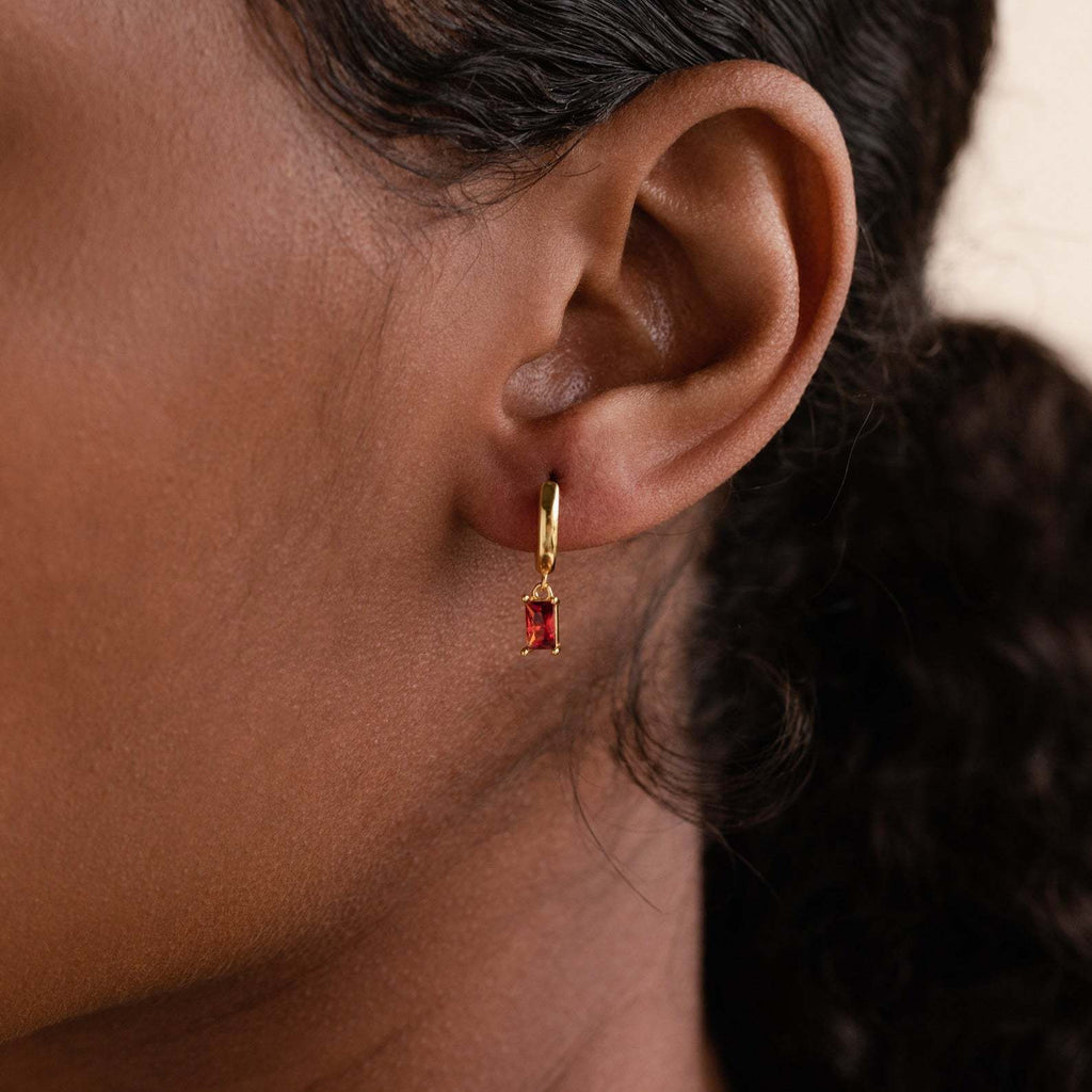 Birthstone Baguette Huggies: 18K Gold Plated