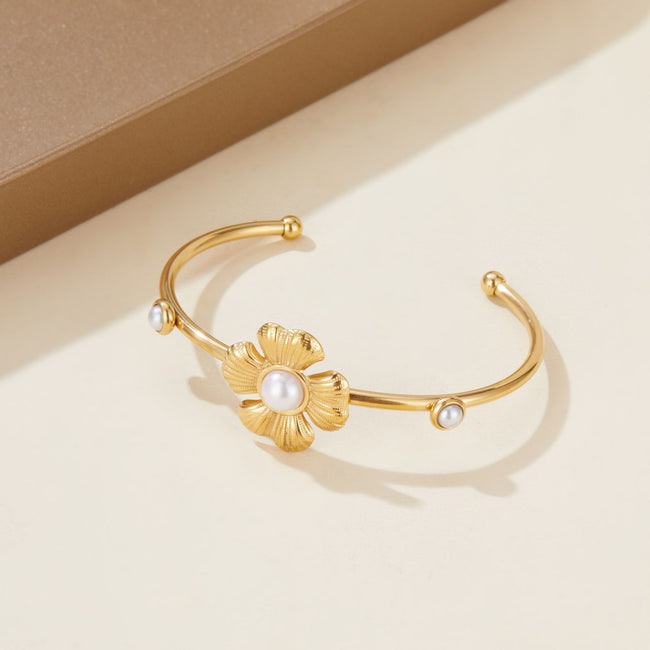 Premium Pearl Cuff Bracelet | Flower & Bow Stainless Steel 18K Gold Plated Bracelet for Women Main Image