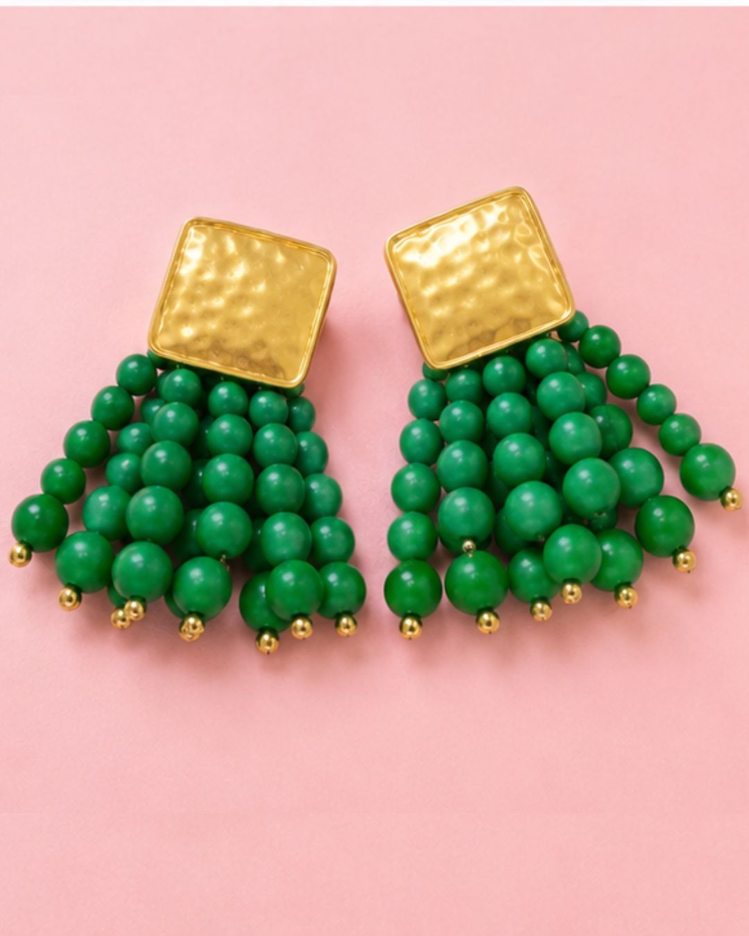 Emerald Bead Cascade Earrings with green beaded tassel design and gold plated stud
