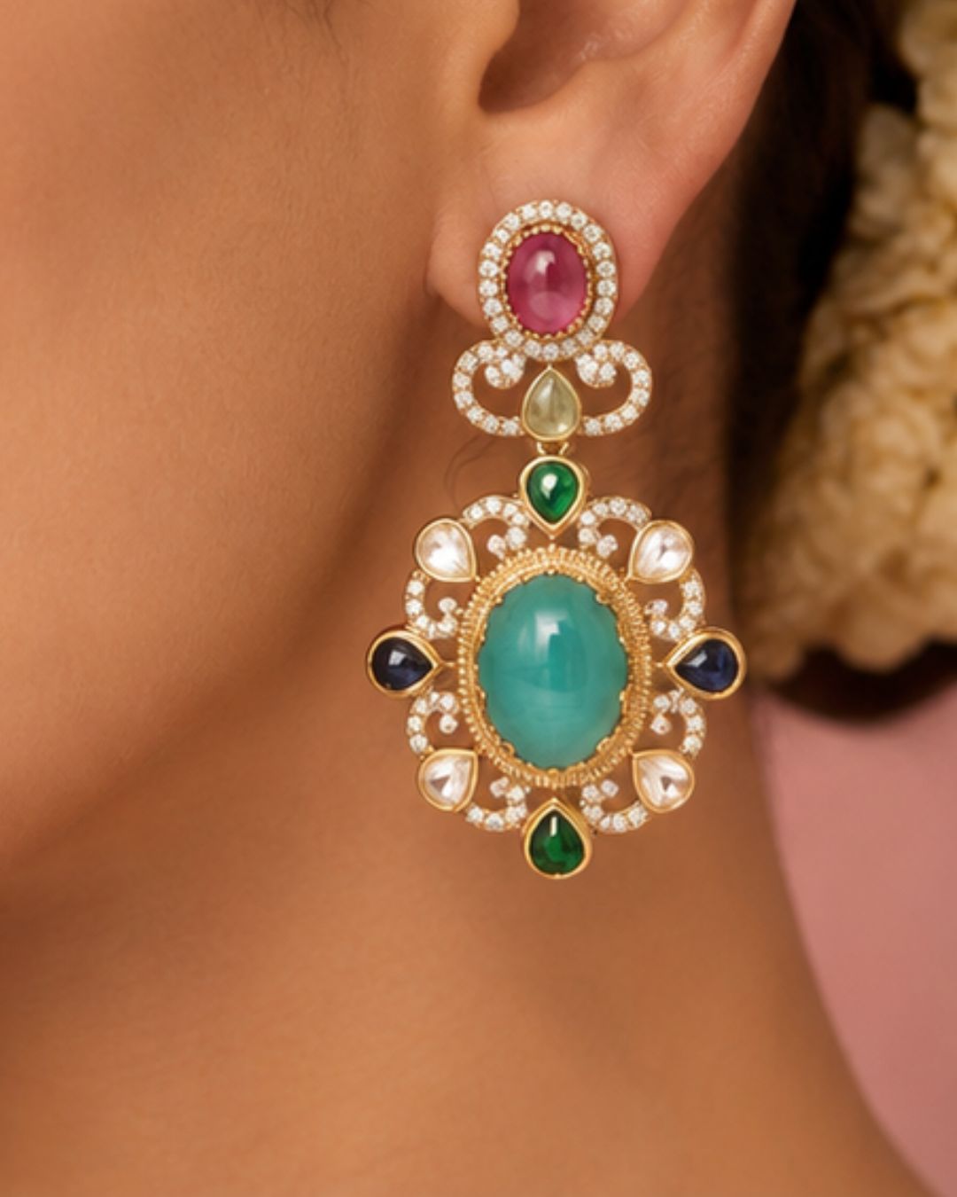 Antique gold tone drop earrings with gemstone accents