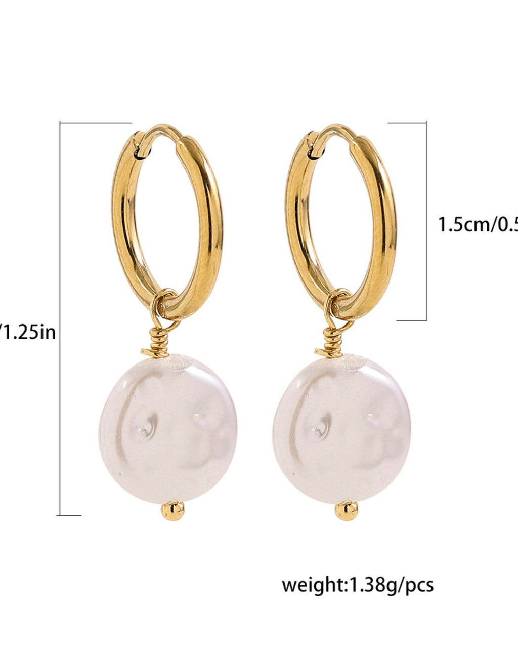 Gold hoop earrings with white round stones and measurements on a white background
