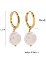 Gold hoop earrings with white round stones and measurements on a white background