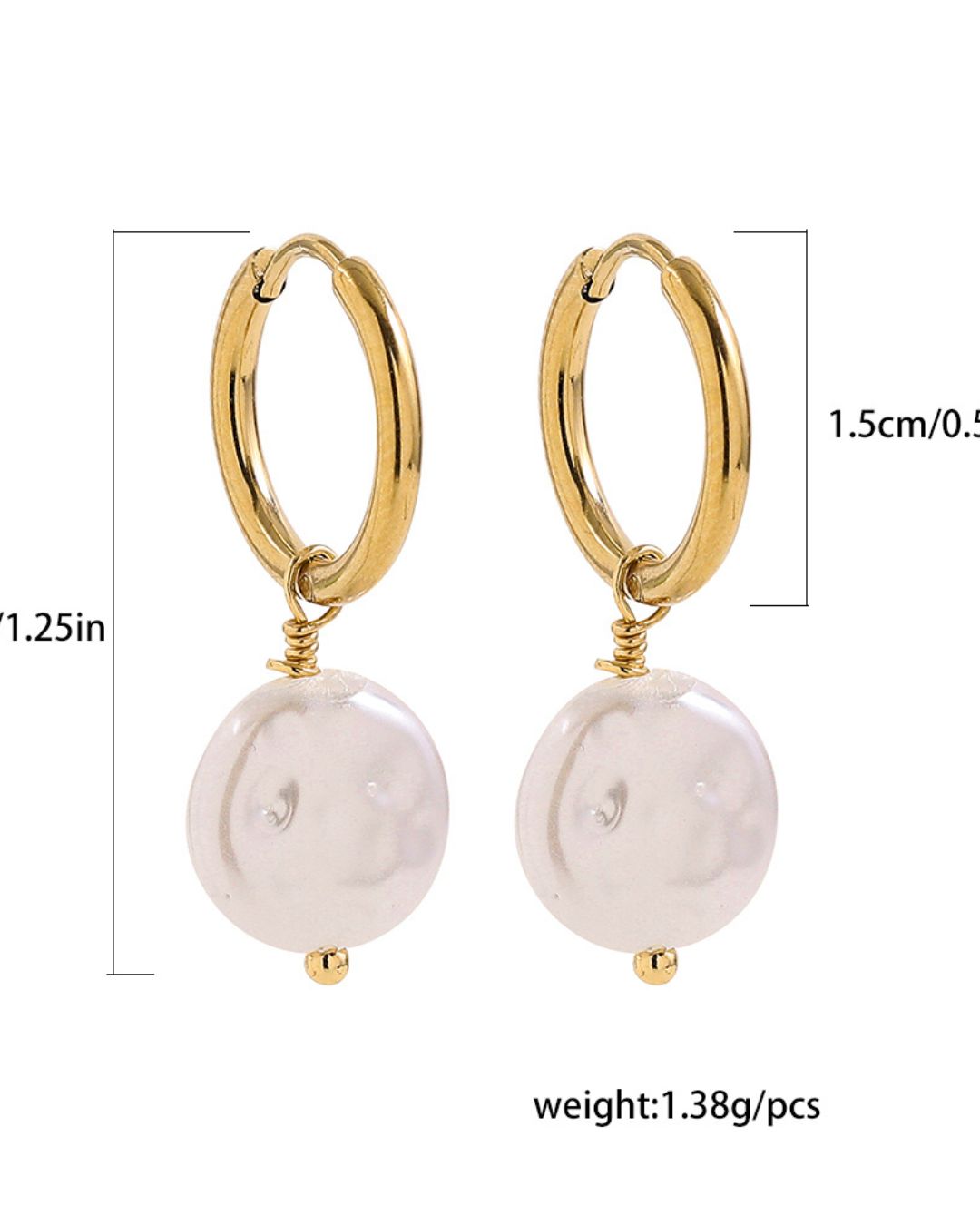 Gold hoop earrings with white round stones and measurements on a white background