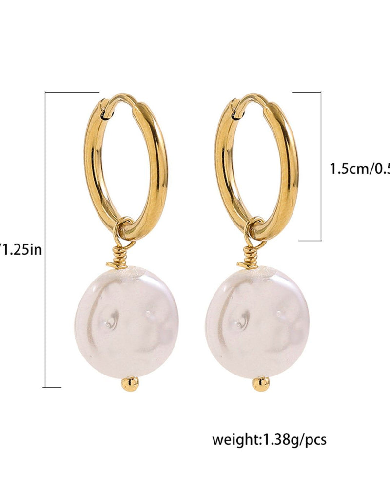 Gold hoop earrings with white round stones and measurements on a white background