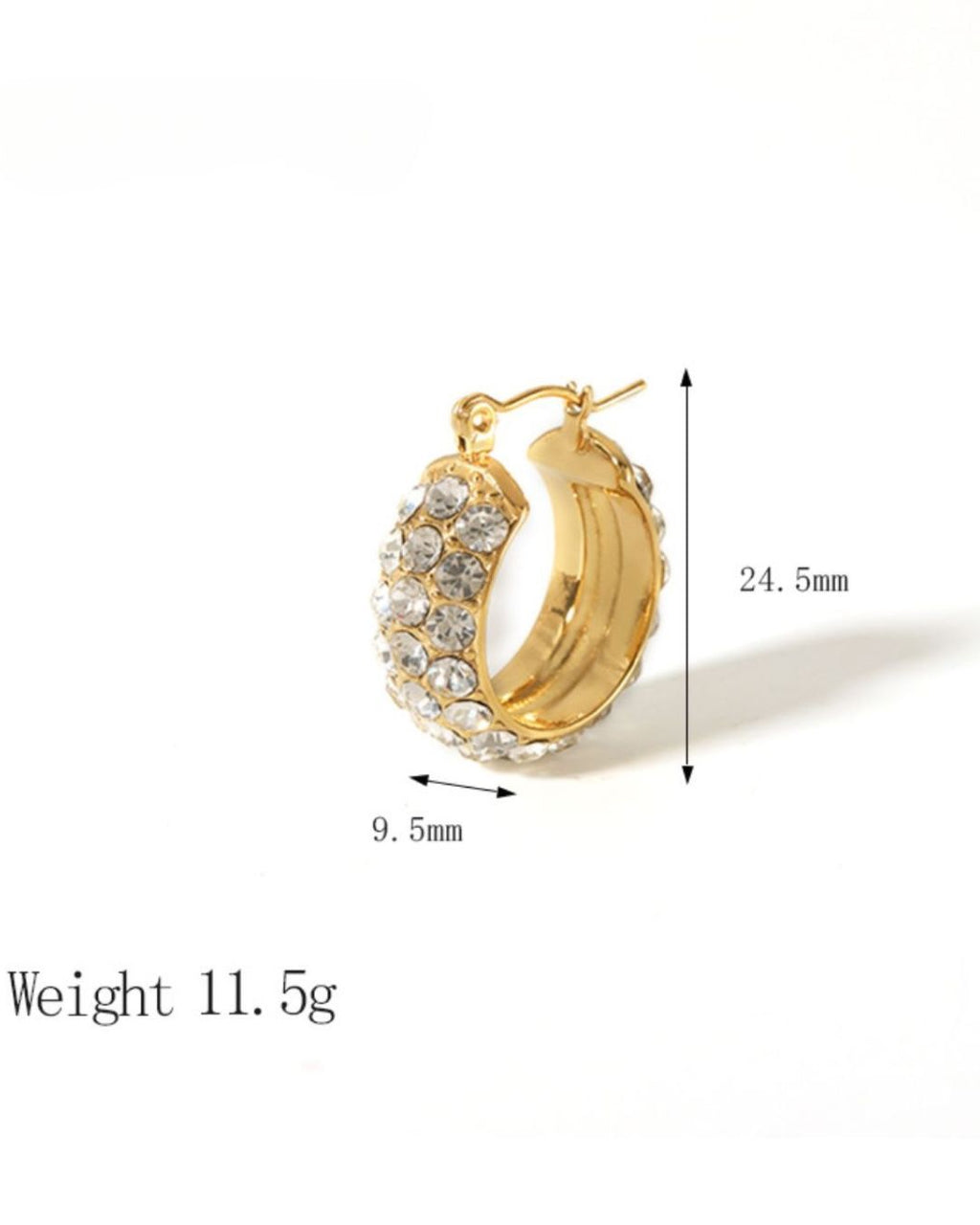 Gold hoop earring with gemstones and measurements on a white background