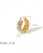 Gold hoop earring with gemstones and measurements on a white background