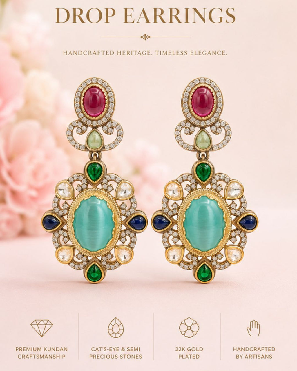 Traditional statement earrings featuring green and blue stones