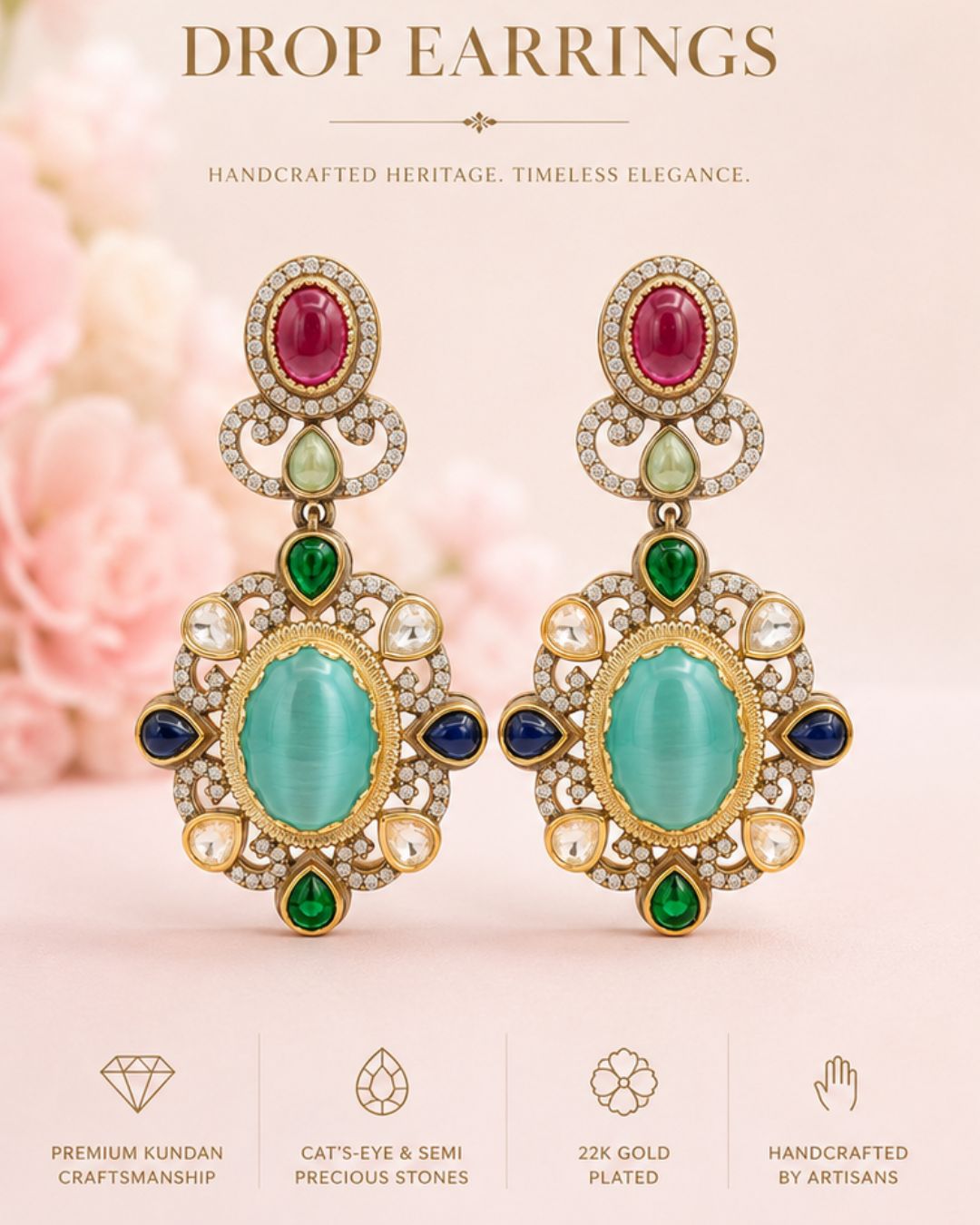 Traditional statement earrings featuring green and blue stones