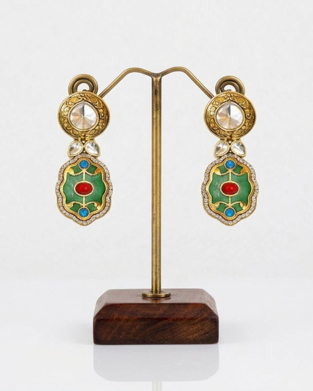 Detailed view of Rang Mahal multi-color 18K gold plated Kundan bridal choker set earrings
